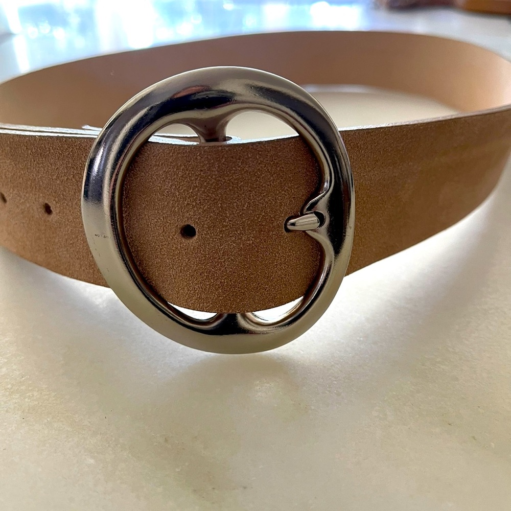 B-Low the Belt suede nude colored belt with silver buckle. Size large EUC